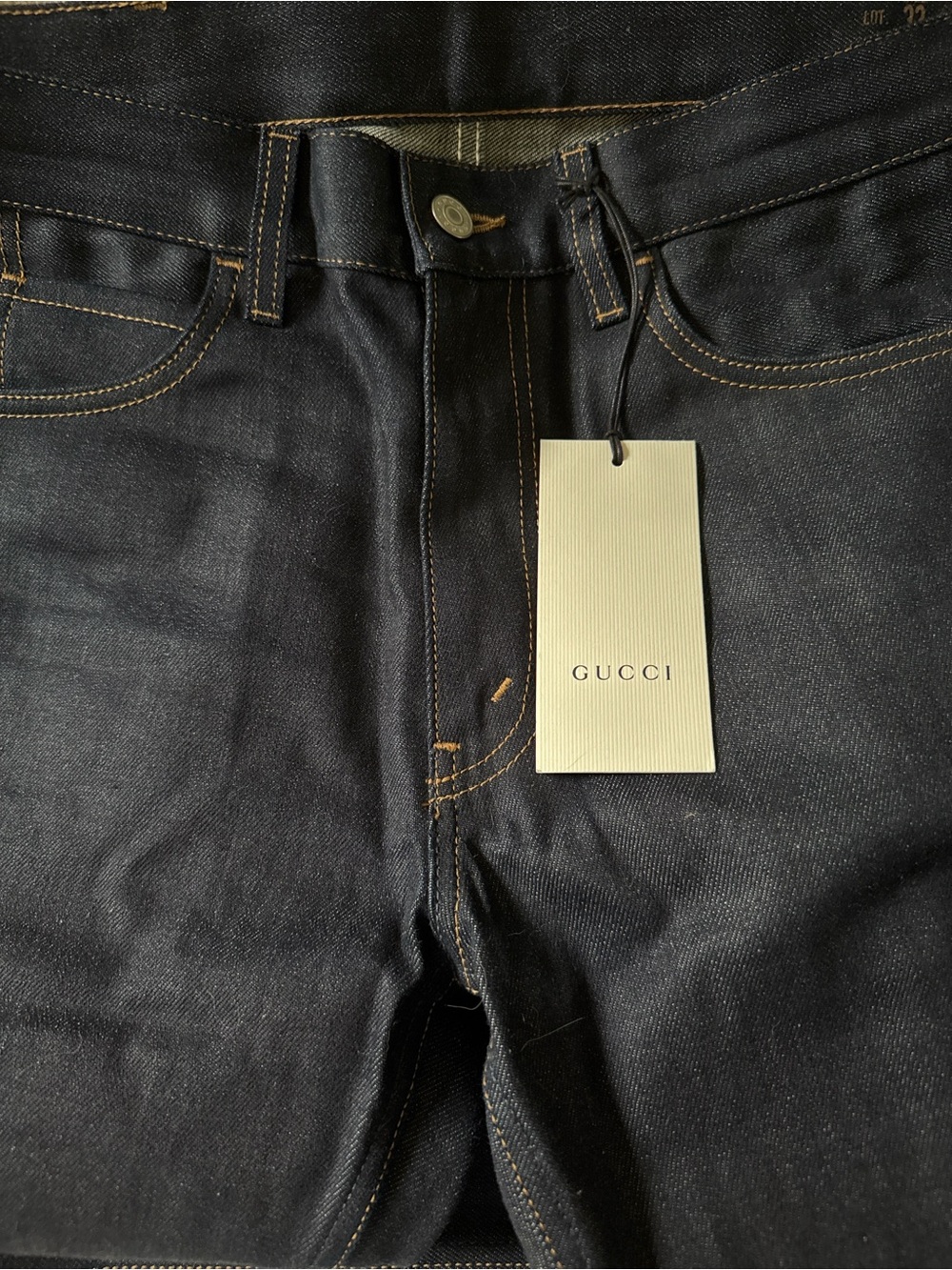 Gucci Men’s Dark Blue Denim Straight Jeans with Contrast Stitching
